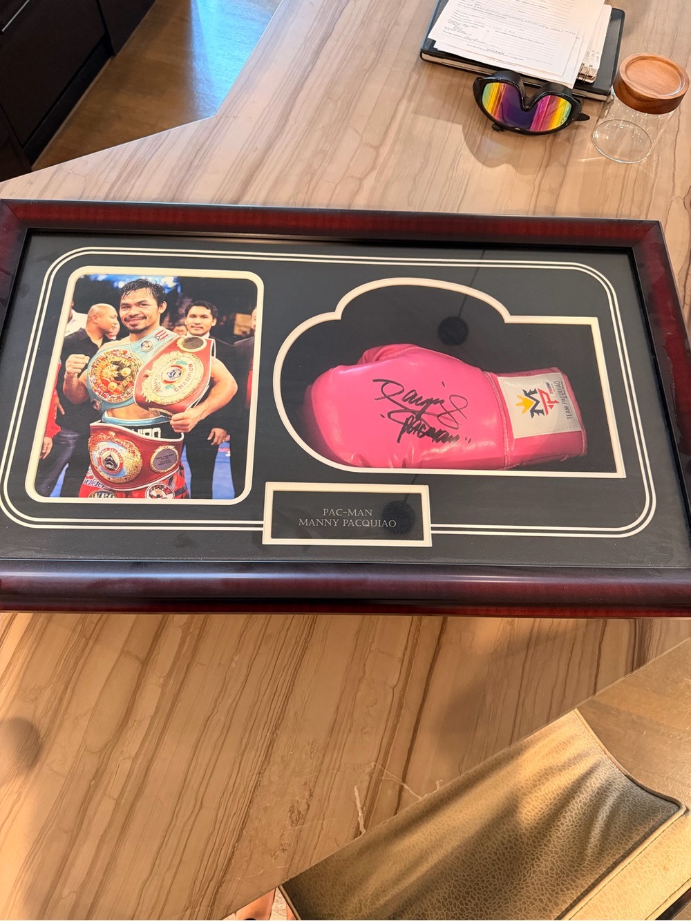 Signed Pink Boxing Glove Display - Framed Home Accent